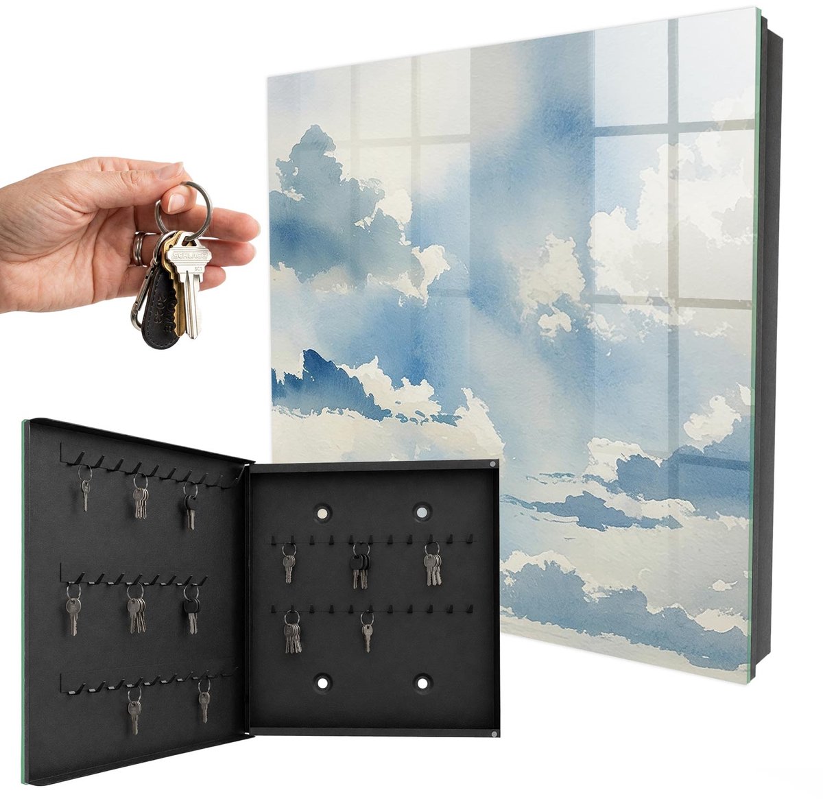 WallMuralia - Sleutelkast - 30x30x5 cm - met 50 haken - Wolken Aan De Hemel Sleutelkastje Industrieel - Blauw Sleutelbox - Linksopenend - Zwart interieur