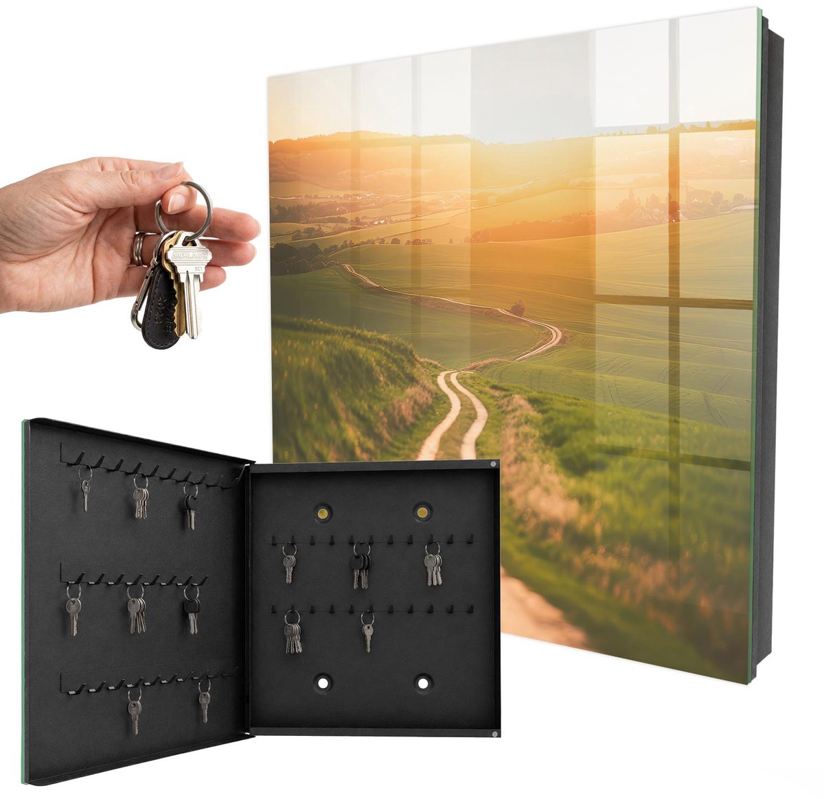 WallMuralia - Sleutelkast - 30x30x5 cm - met 50 haken - Schilderachtig Landschap Sleutelkastje Binnen - Groente Sleutelbox - Linksopenend - Zwart interieur