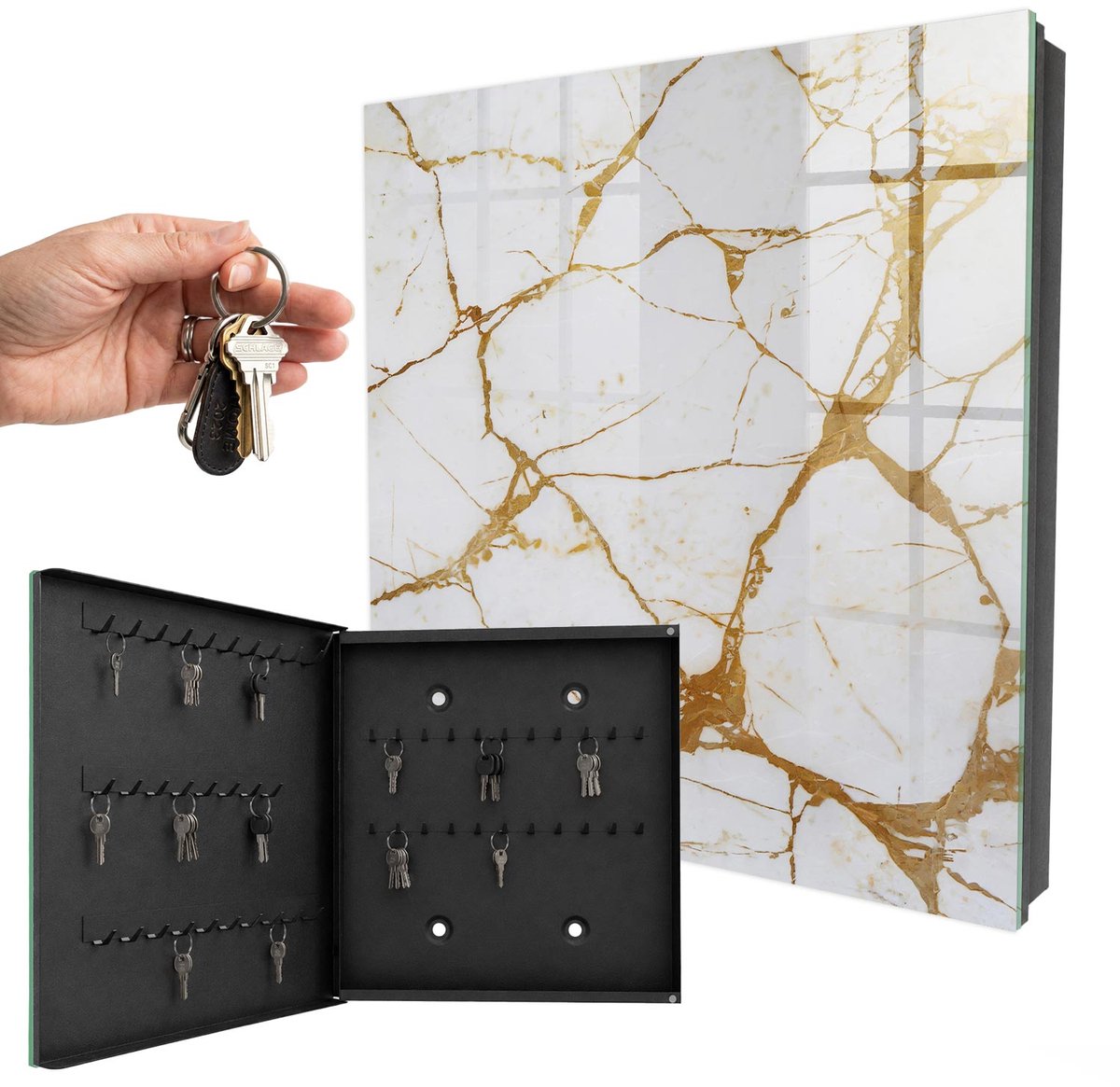 WallMuralia - Sleutelkast - 30x30x5 cm - met 50 haken - Marmerpatroon Sleutelkastje Modern - Wit Sleutelbox - Linksopenend - Zwart interieur