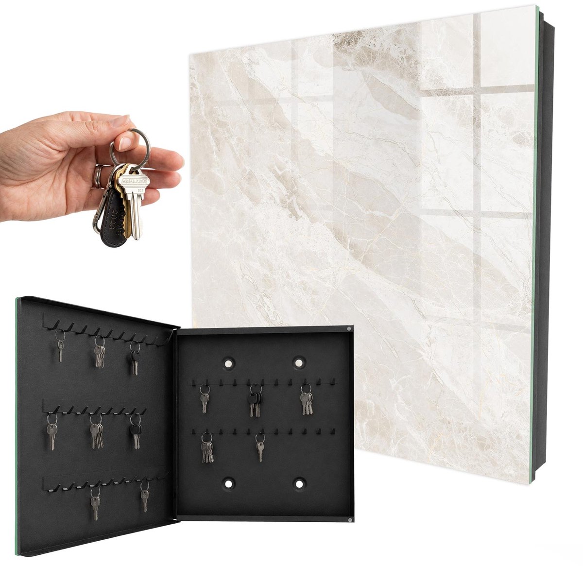 WallMuralia - Sleutelkast - 30x30x5 cm - met 50 haken - Neutraal Marmer Sleutelkastje Gang - Beige Sleutelbox - Linksopenend - Zwart interieur