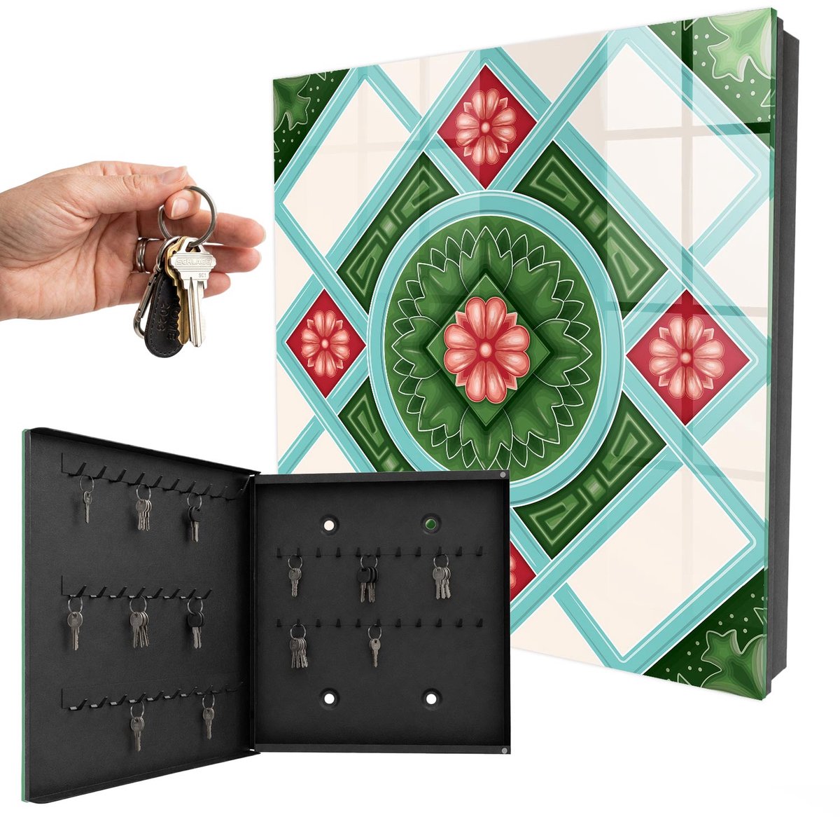 WallMuralia - Sleutelkast - 30x30x5 cm - met 50 haken - Bloemgeometrie Sleutelkastje Landelijk - Groente Sleutelbox - Linksopenend - Zwart interieur