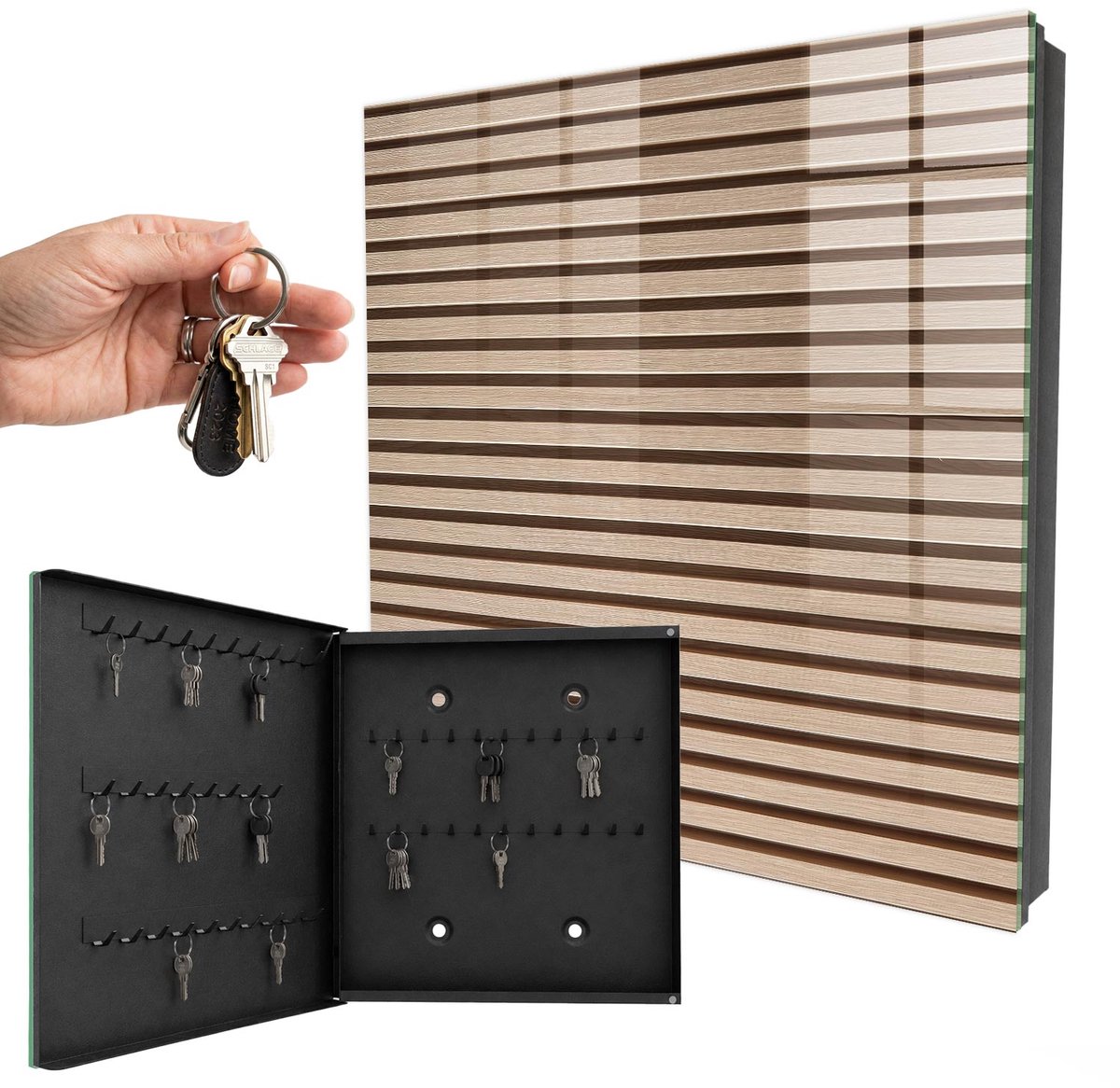 WallMuralia - Sleutelkast - 30x30x5 cm - met 50 haken - Warme Lijnen Sleutelkastje Muur - Beige Sleutelbox - Linksopenend - Zwart interieur