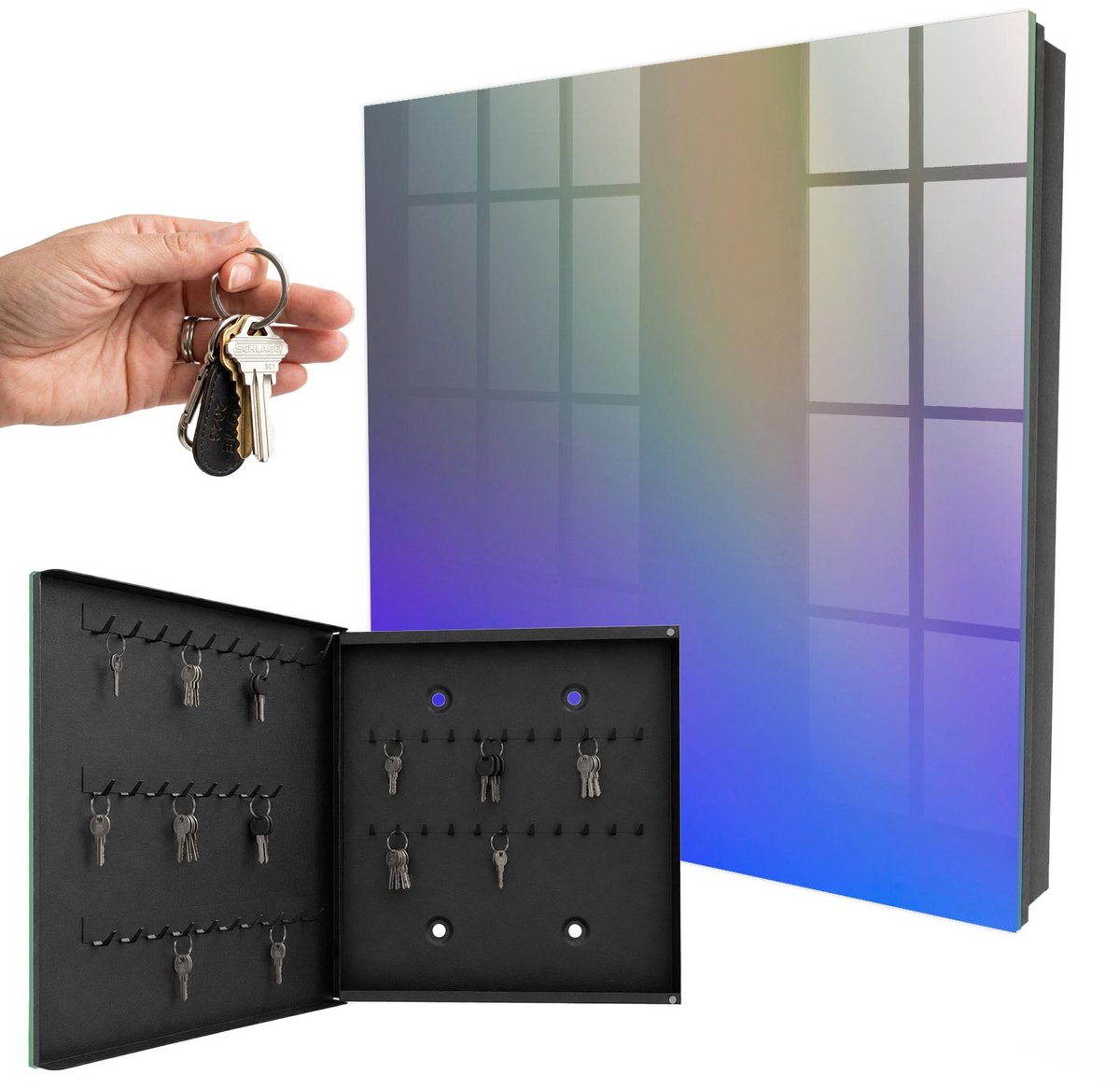 WallMuralia - Sleutelkast - 30x30x5 cm - met 50 haken - Kleurrijke Harmonie Sleutelkastje Muur - Blauw Sleutelbox - Linksopenend - Zwart interieur
