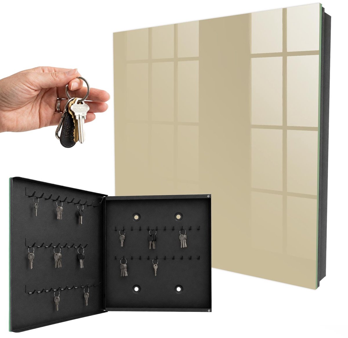 WallMuralia - Sleutelkast - 30x30x5 cm - met 50 haken - Gedempt Bruin Sleutelkastje Klein - Bruin Sleutelbox - Linksopenend - Zwart interieur