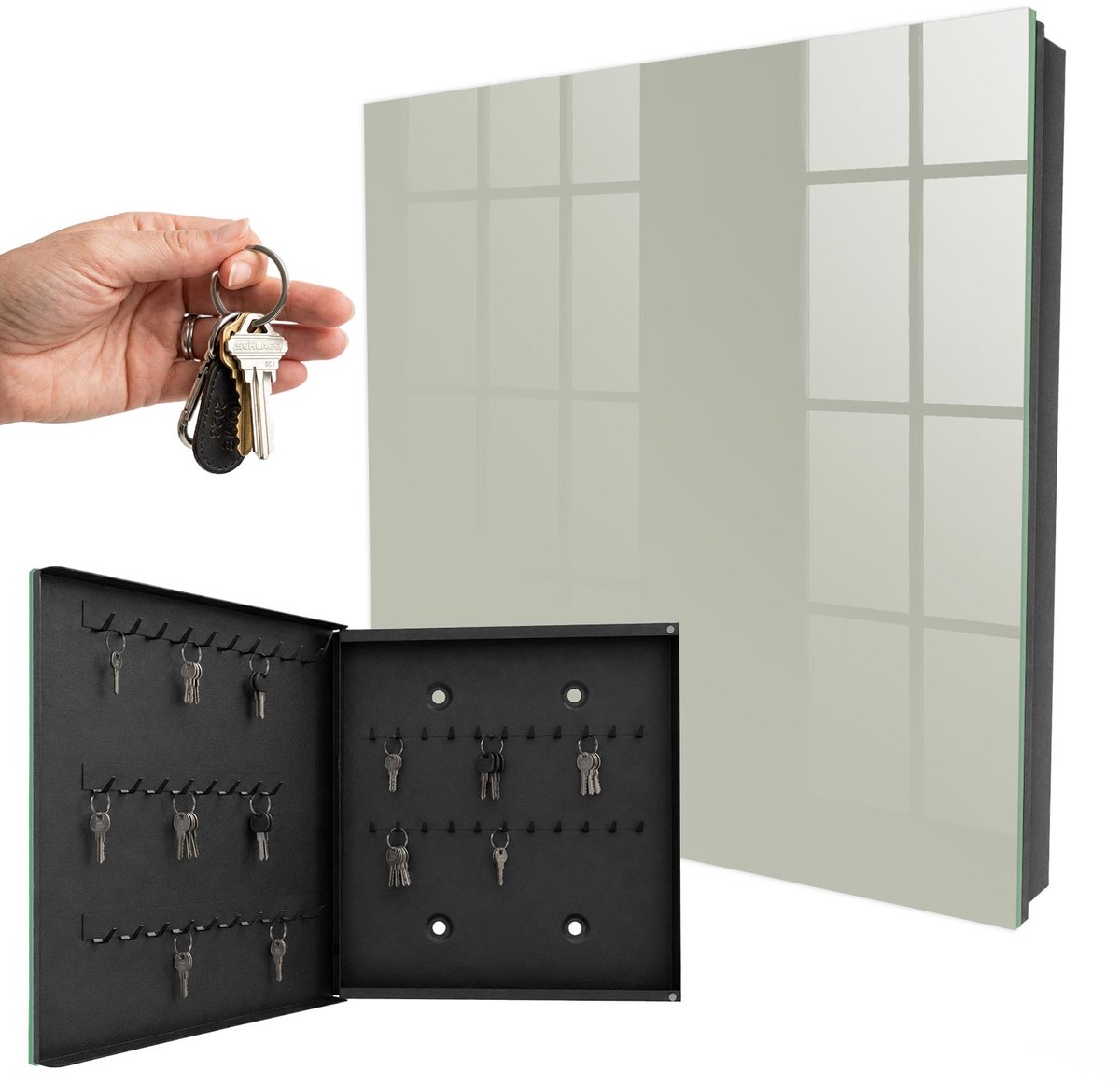 WallMuralia - Sleutelkast - 30x30x5 cm - met 50 haken - Warmgrijs Sleutelkastje Binnen - Grijs Sleutelbox - Linksopenend - Zwart interieur