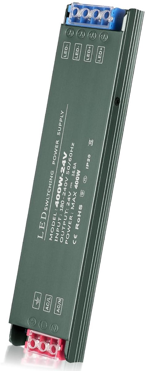 Transformator 220V naar 24V, 400W LED-driver, constante spanning, driverlicht, ultradun, ingang 100-240V, uitgang DC 24V, 16,6A | Spanningstransformator, ultradun, voeding 220 V naar 24 V (ingang: 110-220 V, uitgang: DC 24 V, 16,6 A)