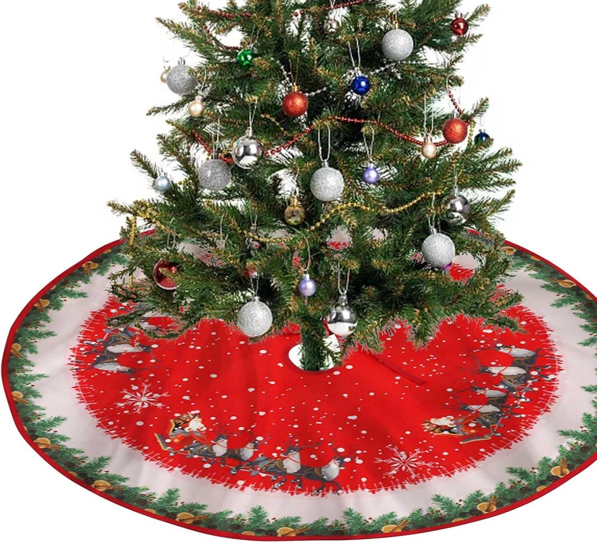 rond, 90 cm, rood, kerstboomdeken, ronde kerstboomrok, kerstdeken, dennenboom met eland, sneeuwvlokken, kerstboomdeken, vloer, feestdecoratie
