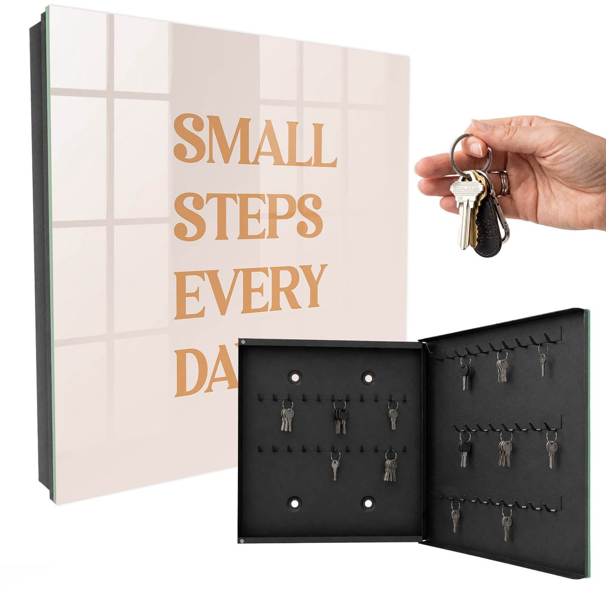WallMuralia - Sleutelkast - 30x30x5 cm - met 50 haken - Motivatie Elke Dag Sleutelkastje Hal - Beige Sleutelbox - Rechtsopenend - Zwart interieur