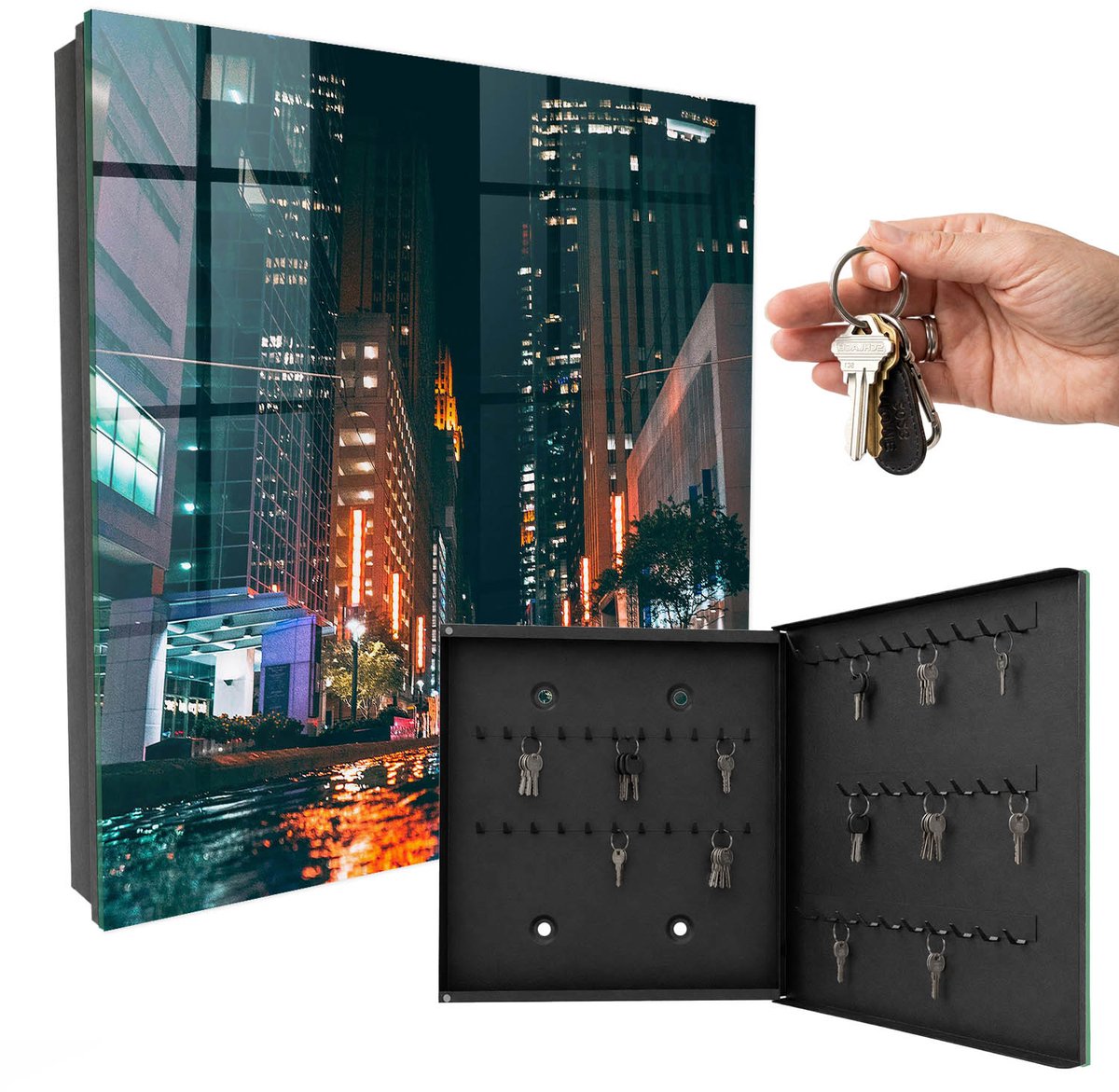 WallMuralia - Sleutelkast - 30x30x5 cm - met 50 haken - Stadsleven Sleutelkastje Muur - Zwart Sleutelbox - Rechtsopenend - Zwart interieur