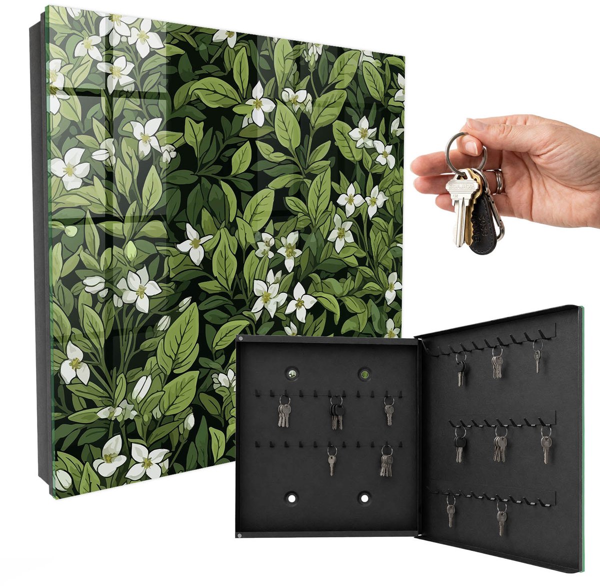 WallMuralia - Sleutelkast - 30x30x5 cm - met 50 haken - Plantmotief Sleutelkastje - Groente Sleutelbox - Rechtsopenend - Zwart interieur