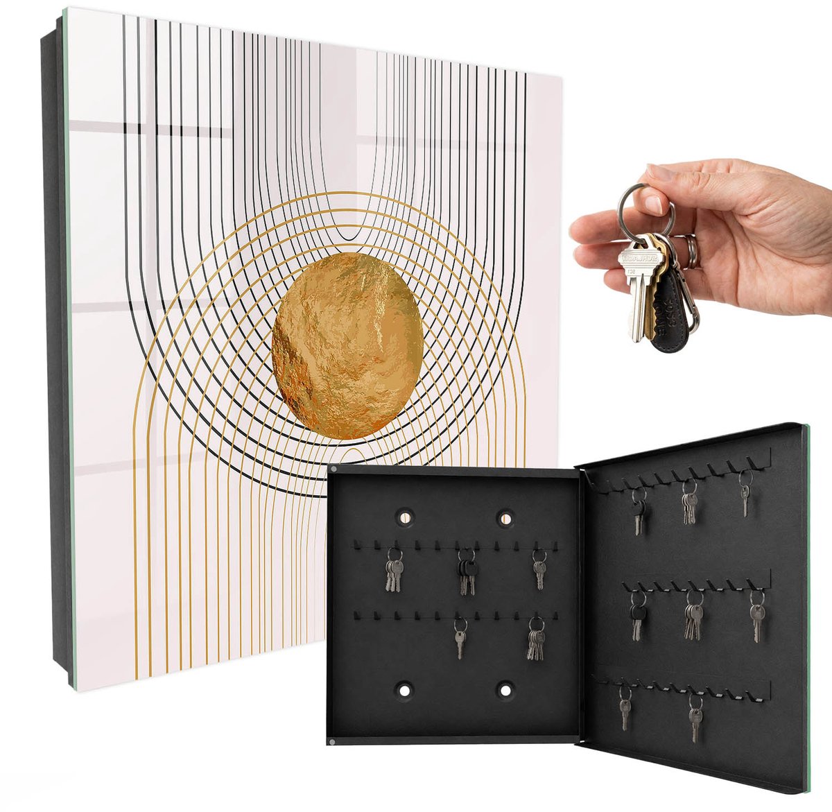 WallMuralia - Sleutelkast - 30x30x5 cm - met 50 haken - Cirkels En Lijnen Sleutelkastje Landelijk - Geel Sleutelbox - Rechtsopenend - Zwart interieur
