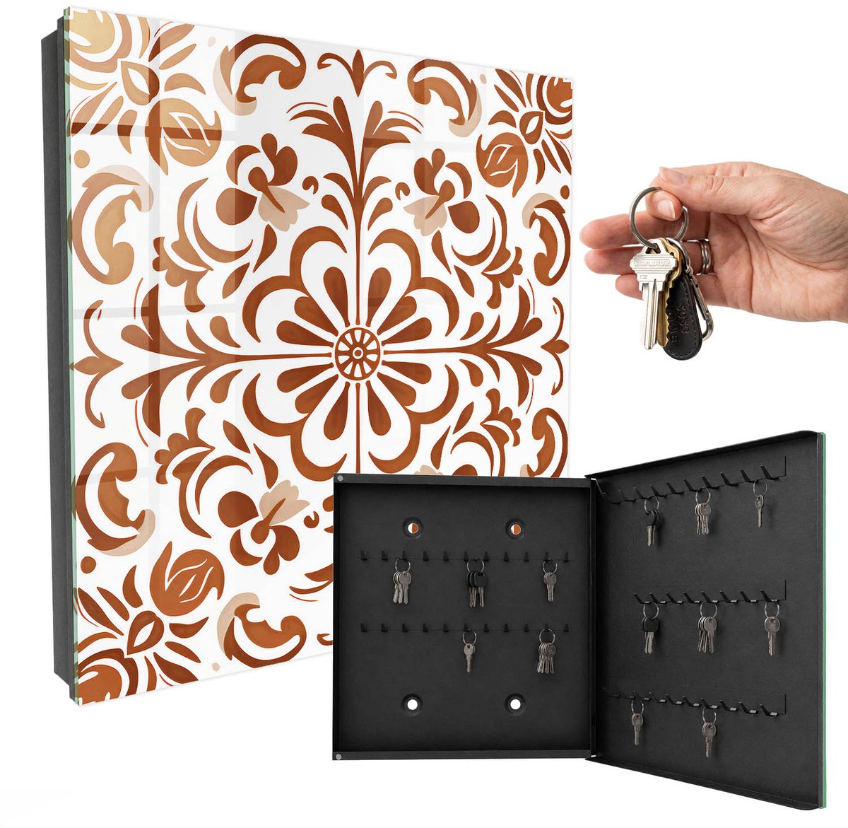 WallMuralia - Sleutelkast - 30x30x5 cm - met 50 haken - Decoratief Patroon Leuk Sleutelkastje - Bruin Sleutelbox - Rechtsopenend - Zwart interieur