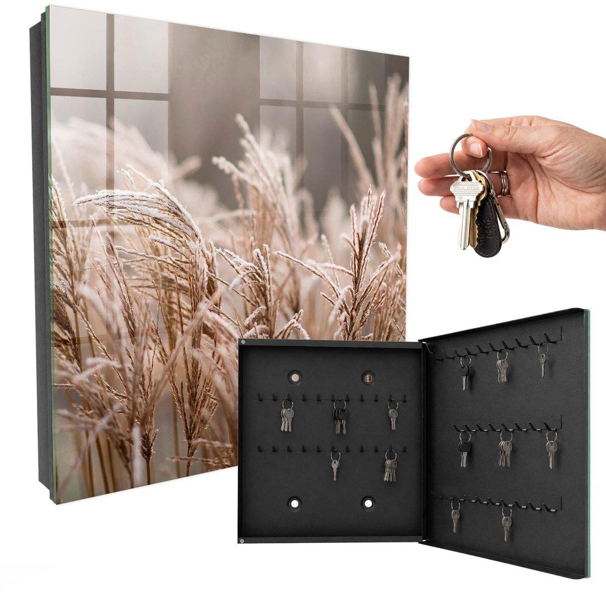 WallMuralia - Sleutelkast - 30x30x5 cm - met 50 haken - Bevroren Gras Sleutelkastje Klein - Beige Sleutelbox - Rechtsopenend - Zwart interieur
