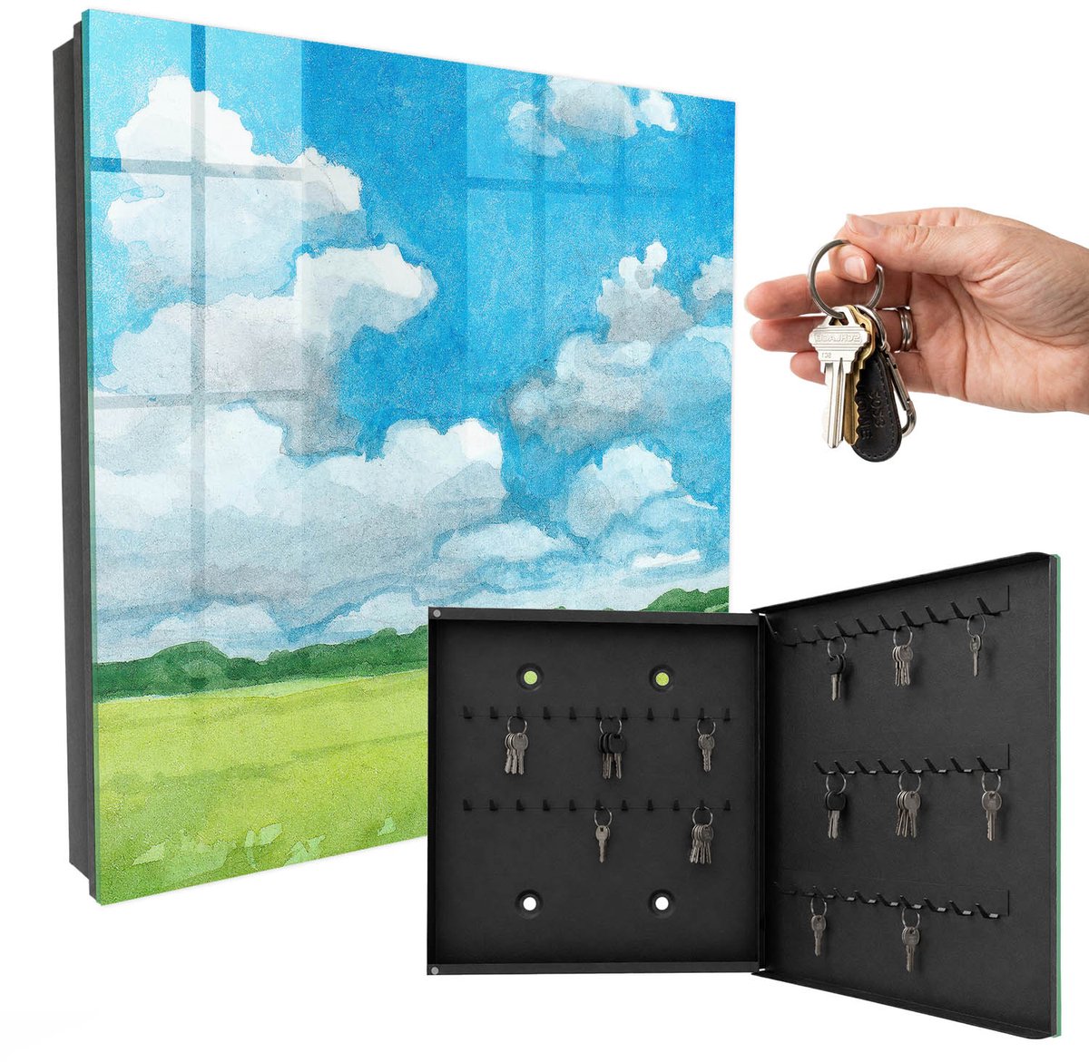 WallMuralia - Sleutelkast - 30x30x5 cm - met 50 haken - Zomerlandschap Sleutelkastje - Blauw Sleutelbox - Rechtsopenend - Zwart interieur