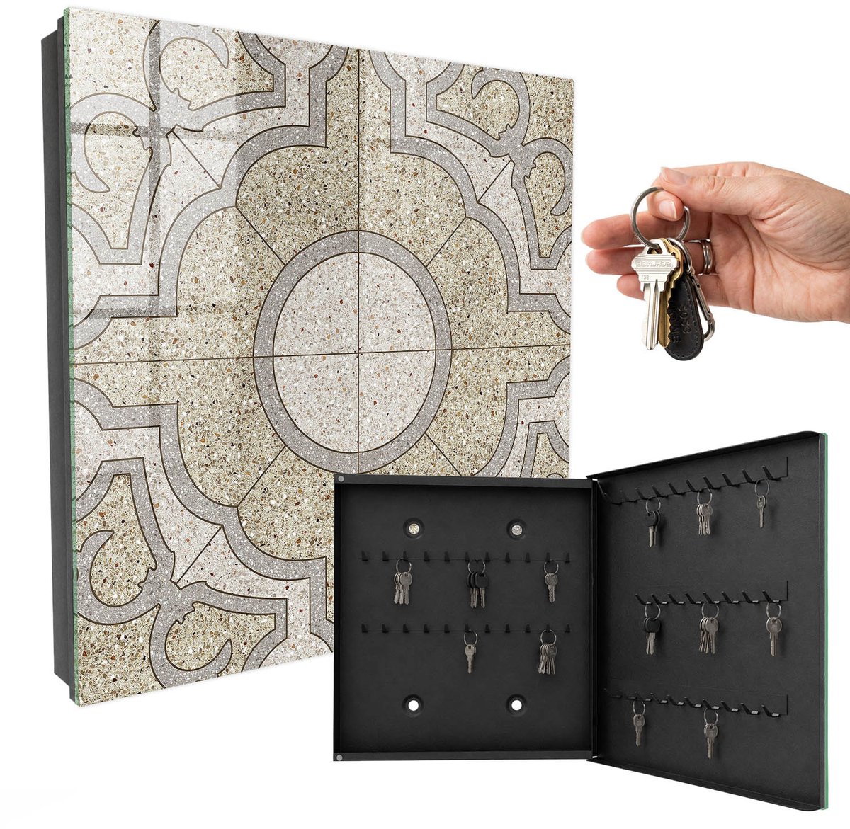 WallMuralia - Sleutelkast - 30x30x5 cm - met 50 haken - Elegant Mozaïek Leuk Sleutelkastje - Beige Sleutelbox - Rechtsopenend - Zwart interieur