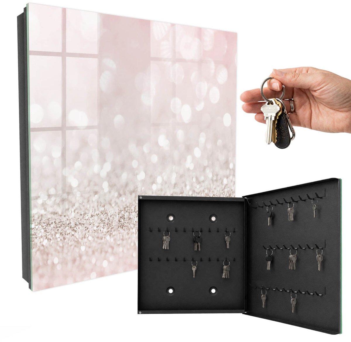 WallMuralia - Sleutelkast - 30x30x5 cm - met 50 haken - Romantische Bokeh-Gloed Leuk Sleutelkastje - Roze Sleutelbox - Rechtsopenend - Zwart interieur
