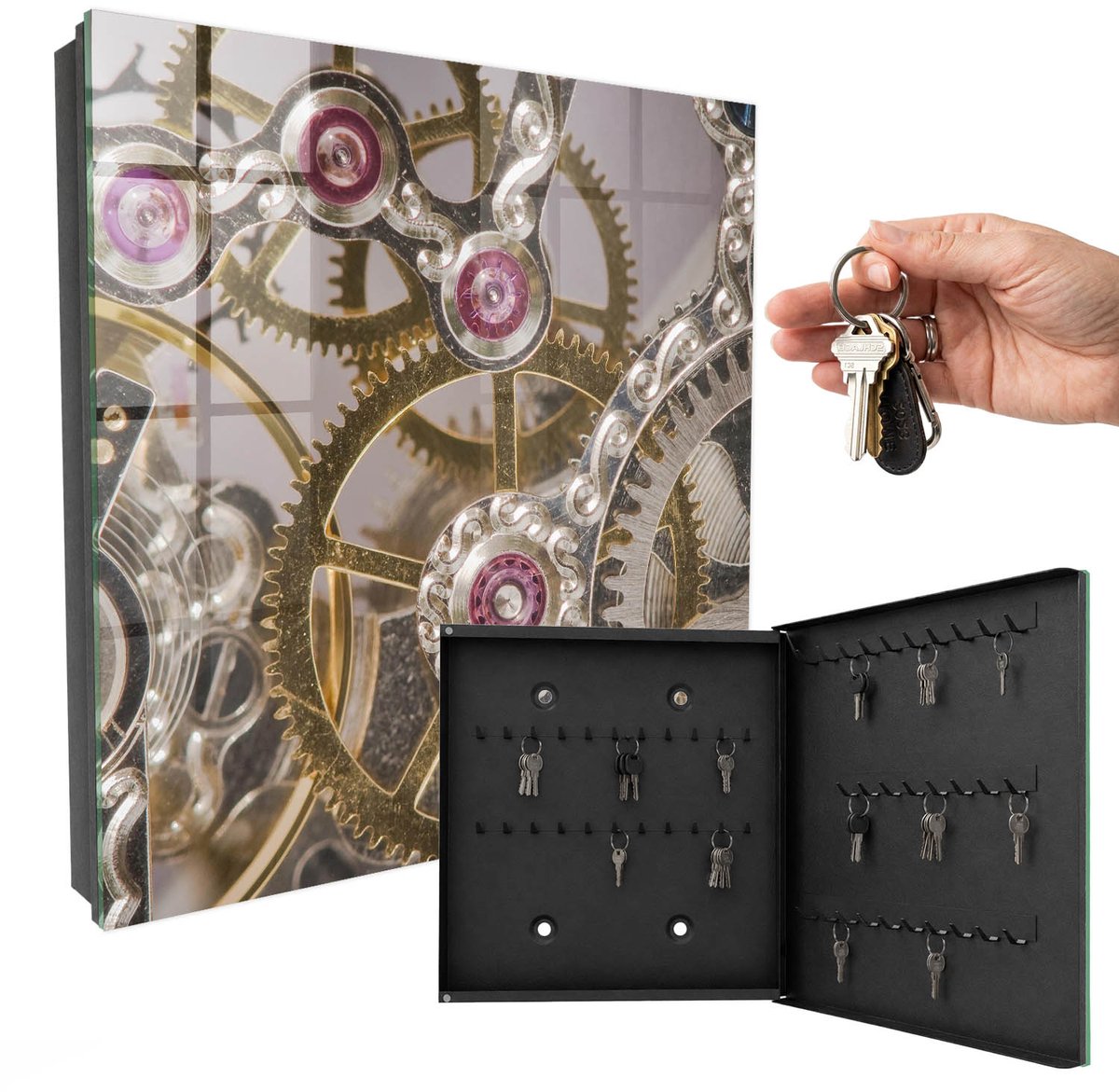 WallMuralia - Sleutelkast - 30x30x5 cm - met 50 haken - Mechanische Elegantie Sleutelkastje Hal - Grijs Sleutelbox - Rechtsopenend - Zwart interieur