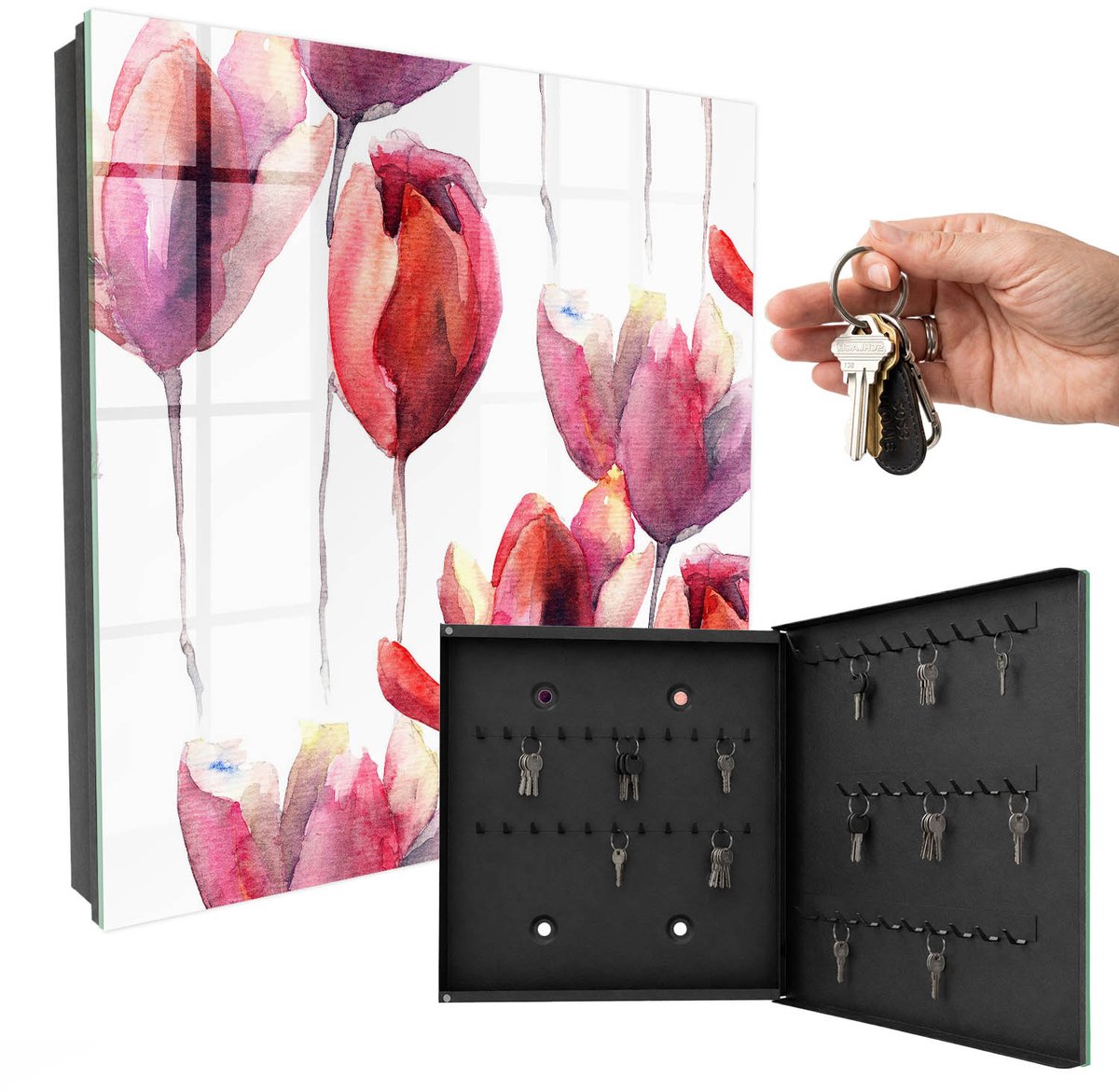 WallMuralia - Sleutelkast - 30x30x5 cm - met 50 haken - Aquarel Tulpen Sleutelkastje Modern - Rood Sleutelbox - Rechtsopenend - Zwart interieur