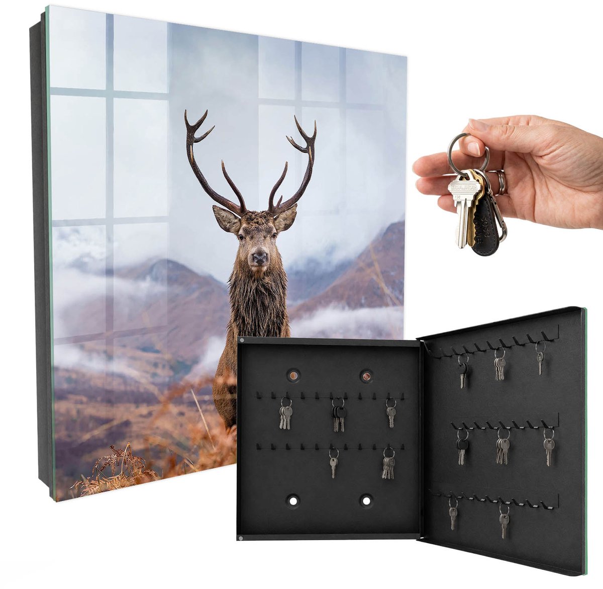 WallMuralia - Sleutelkast - 30x30x5 cm - met 50 haken - Berghert Sleutelkastje Industrieel - Bruin Sleutelbox - Rechtsopenend - Zwart interieur