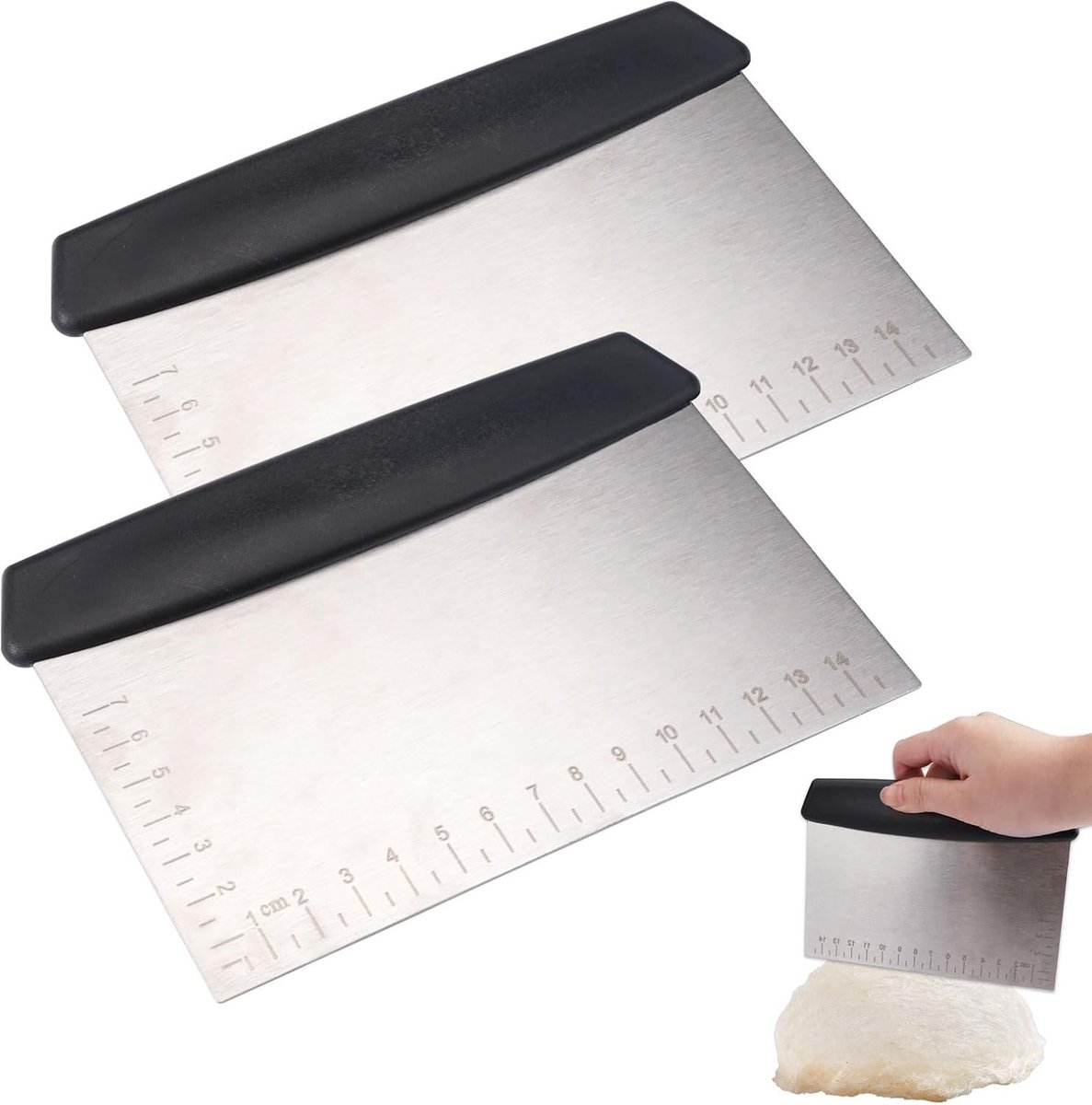 Thijox - Set van 2 Deegschrapers, Roestvrijstalen Deegkaart 16 cm, Ergonomische Keukenschraper met Handgreep en Maatschaal, Multifunctionele Deegsnijd