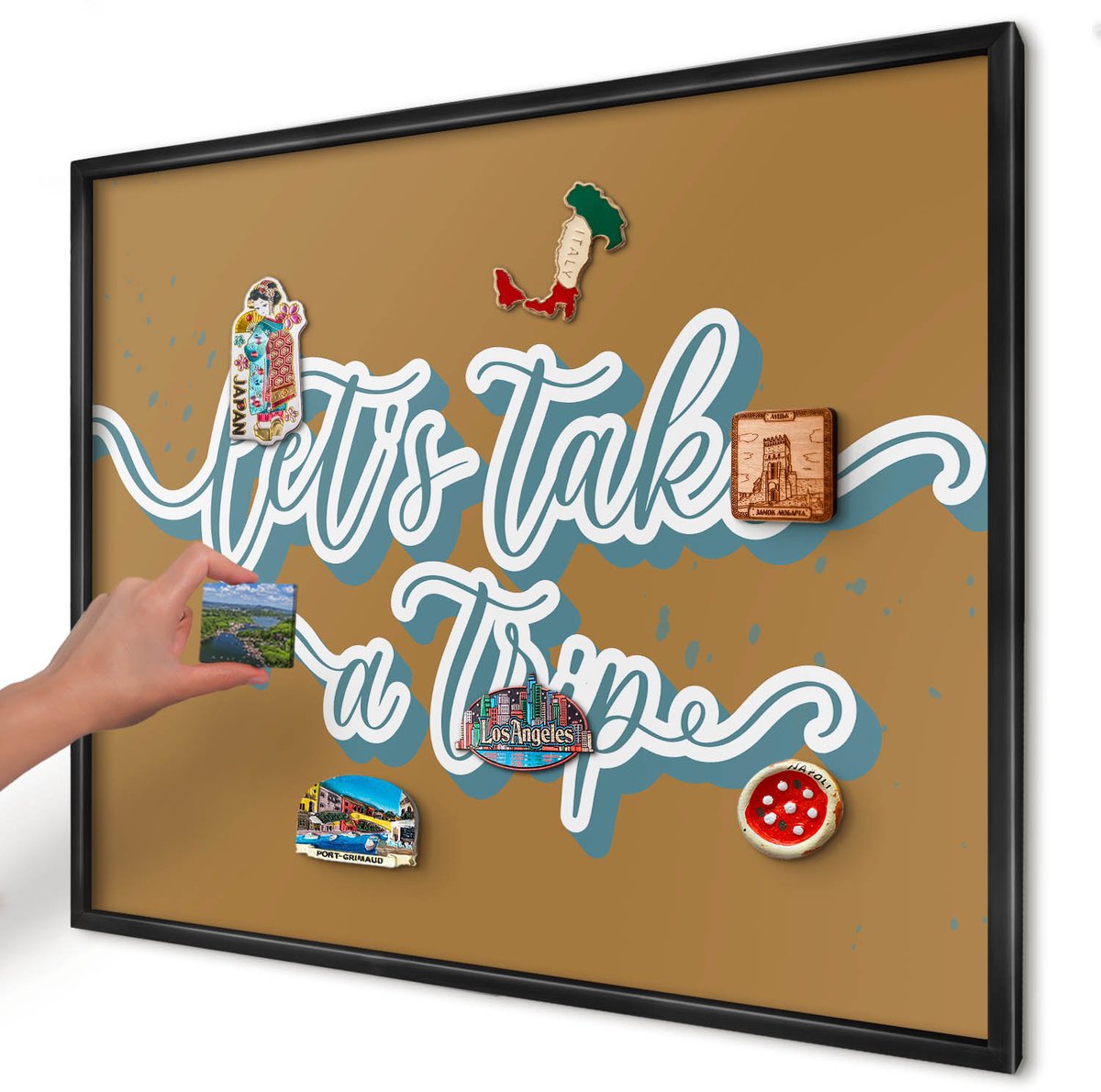 Artprintcave Bruin Magneetbord mit Zwart Frame - 80x60 cm - Droomreis Magneet Bord mit Frame - Typografisch Magnetisch Bord Voor Magneten - Teksten
