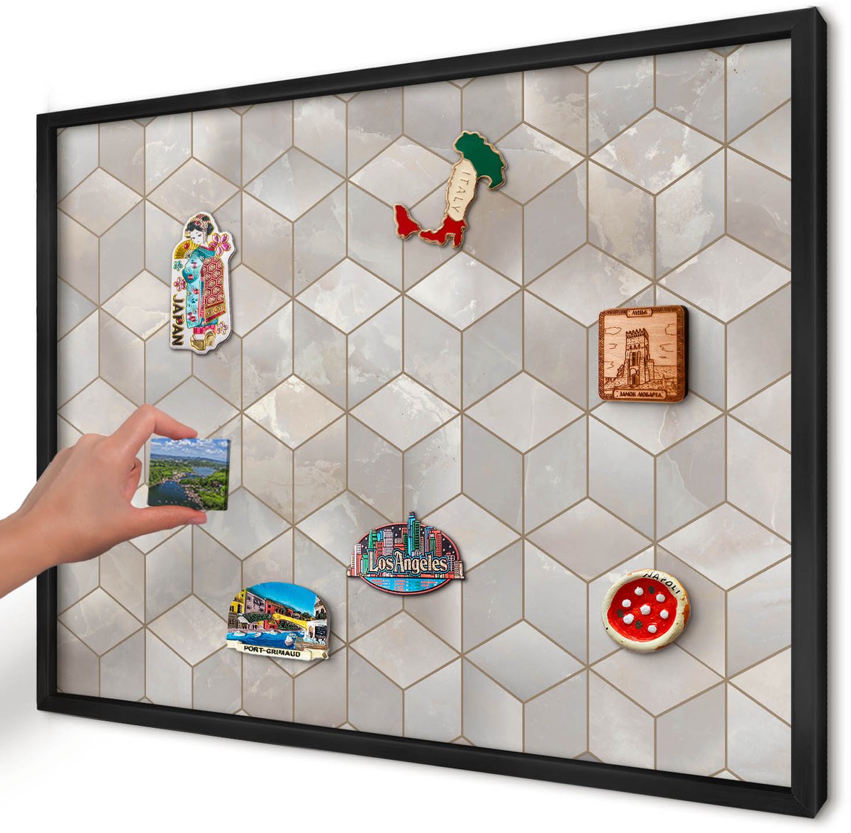 Artprintcave Beige Magneetbord mit Zwart Frame - 70x50 cm - Kubieke Achtergrond Magneetbord Voor Keuken - Geometrische Magneetbord Voor Foto's - Geometrie