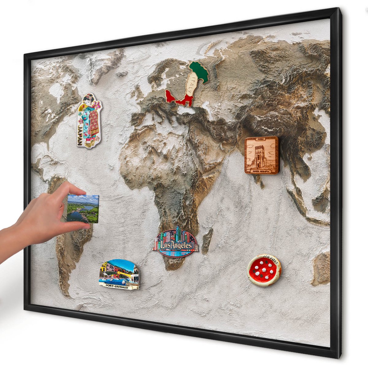 Artprintcave Beige Magneetbord mit Zwart Frame - 80x60 cm - Reliëfkaart Memobord Keuken - Realistisch Wandbord Magnetisch - Kaarten
