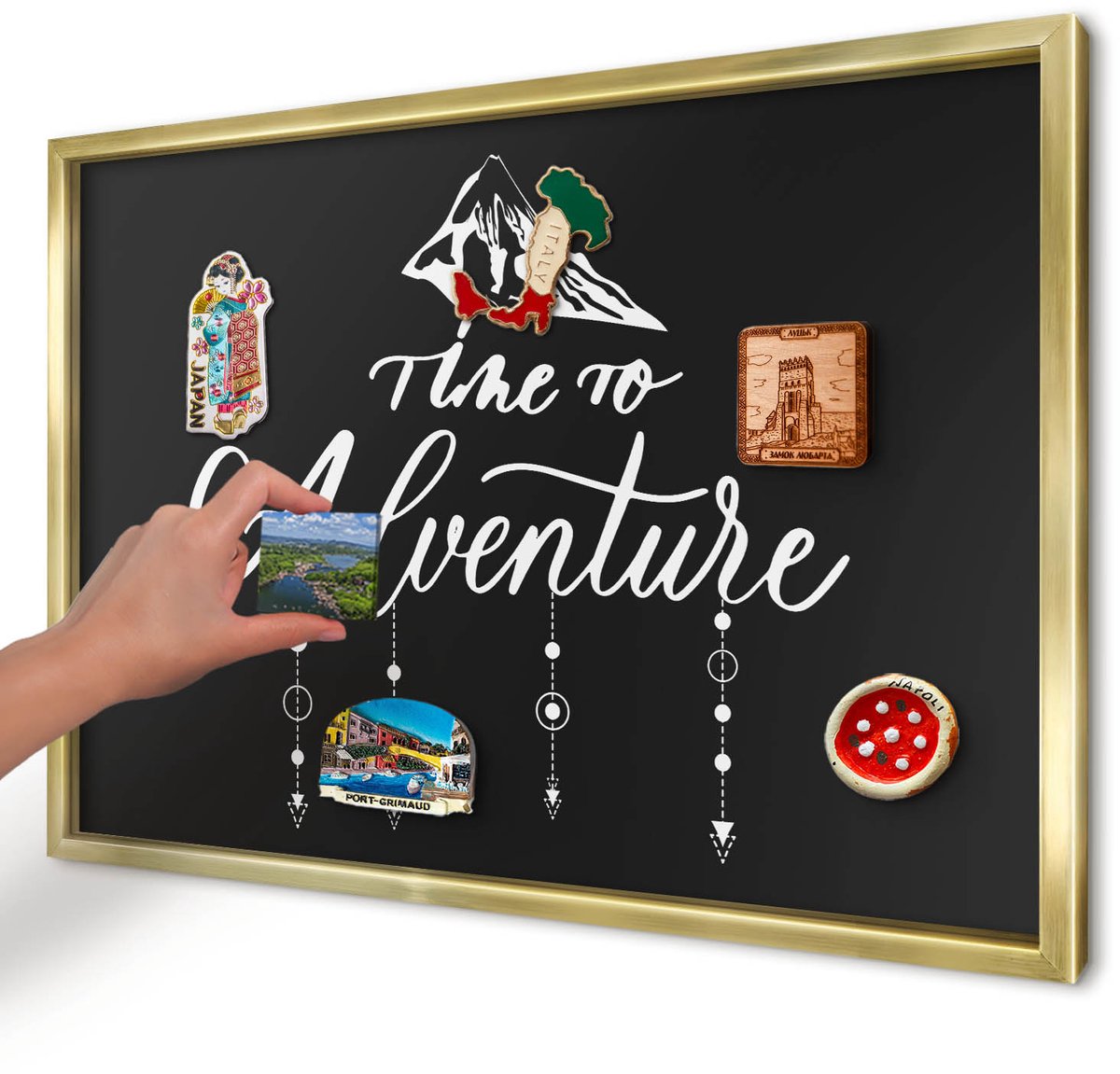 Artprintcave Zwart Magneetbord mit Gouden Frame - 60x40 cm - Avontuur Wacht. Memobord Keuken - Modern Magneetbord Voor Keuken - Teksten