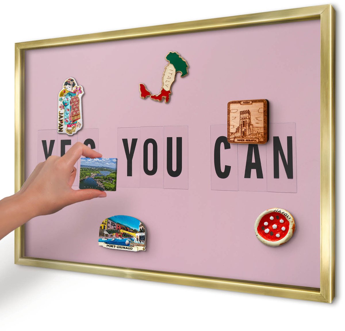 Artprintcave Roze Magneetbord mit Gouden Frame - 60x40 cm - Motivatie Elke Dag Magneetbord Voor Keuken - Minimalist Notitiebord - Teksten