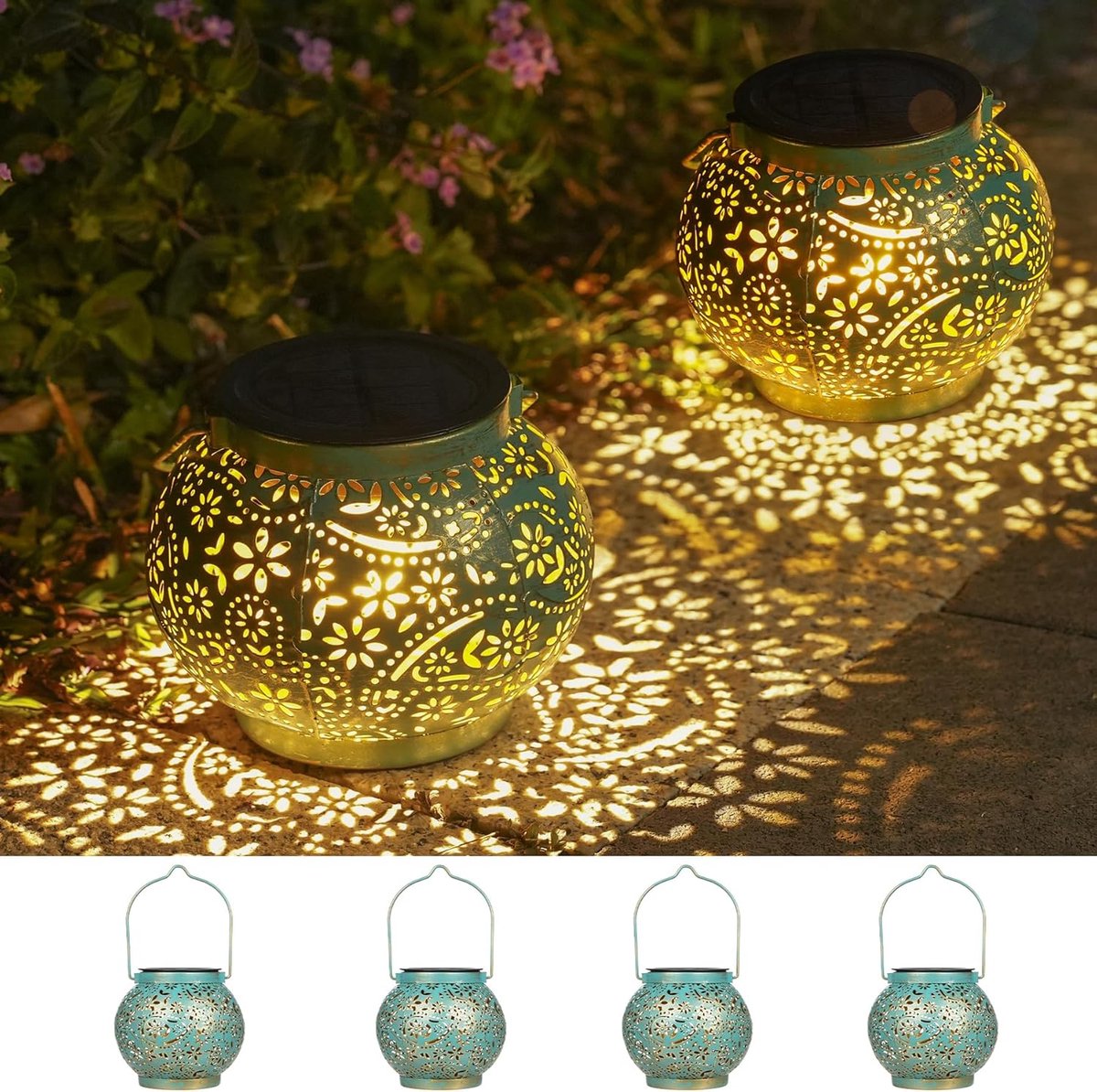 Solar lantaarns 4-pack - weerbestendige metalen hanglampen - retro Oosters design - sfeervolle tuinverlichting - ShopVlot