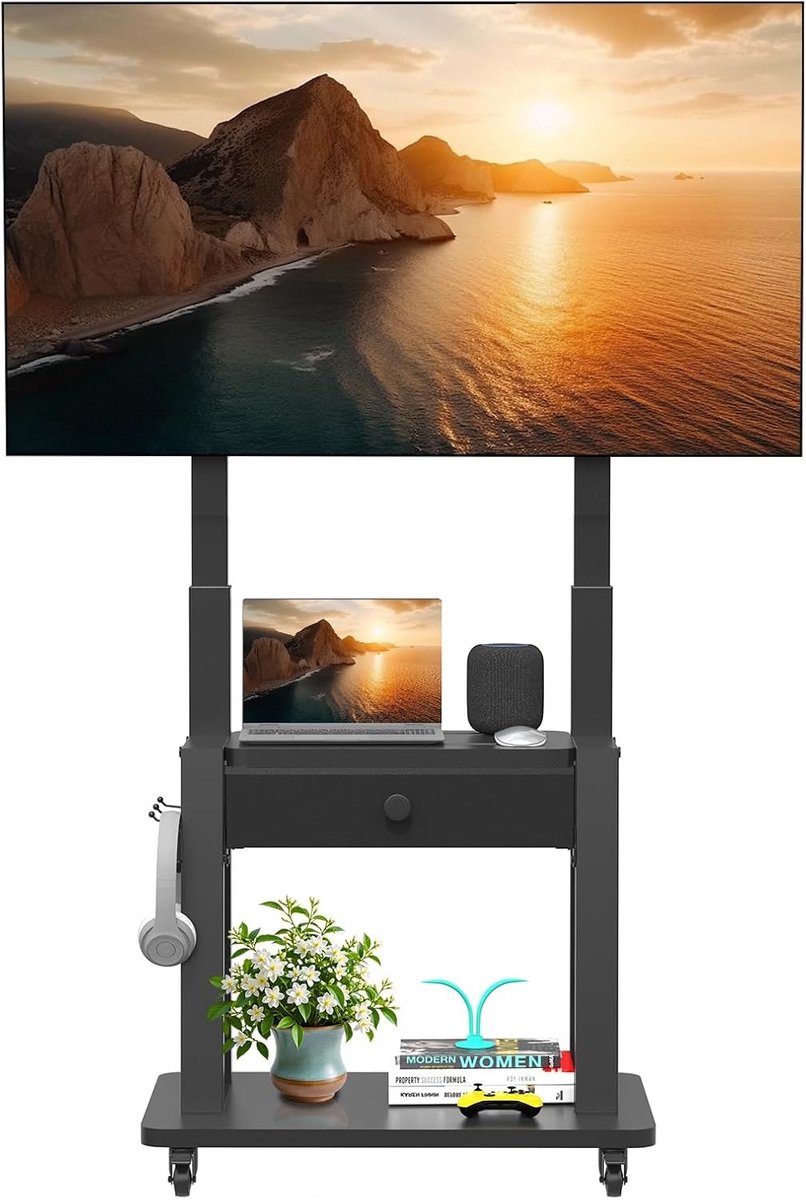 TV-meubel op wielen - Metaal en stof zwart - Voor 32-75 inch - Met opberglade - Voor thuis en kantoor