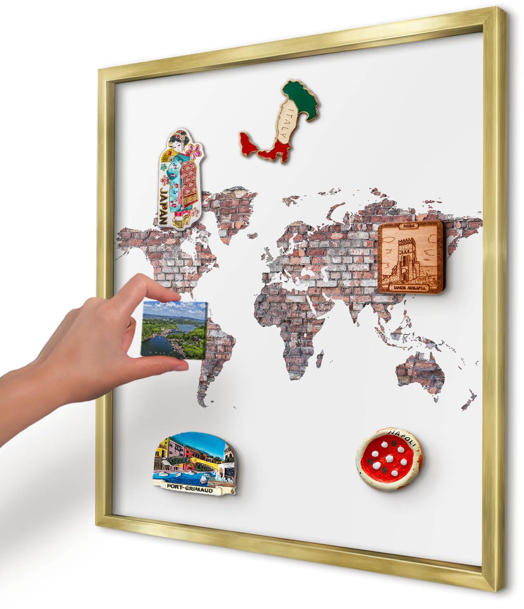 Artprintcave Wit Magneetbord mit Gouden Frame - 50x50 cm - Baksteenwereld Memobord Keuken - Industrieel/Loft Notitiebord - Kaarten