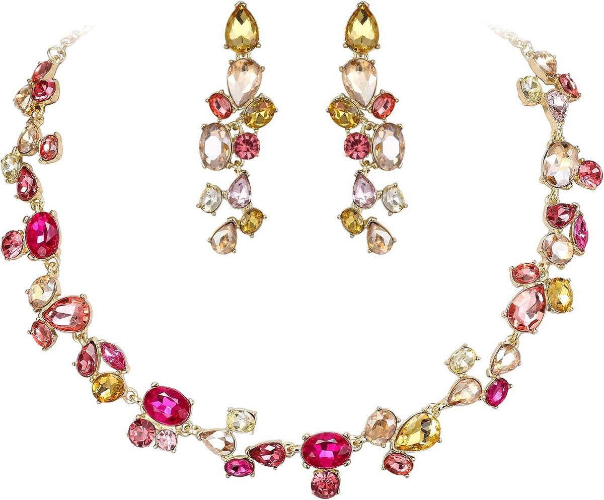 strass ovale druppel cluster statement halsketting hangers oorbellen sieradenset voor dames meisjes kostuum party prom fuchsia/champagne goudtint