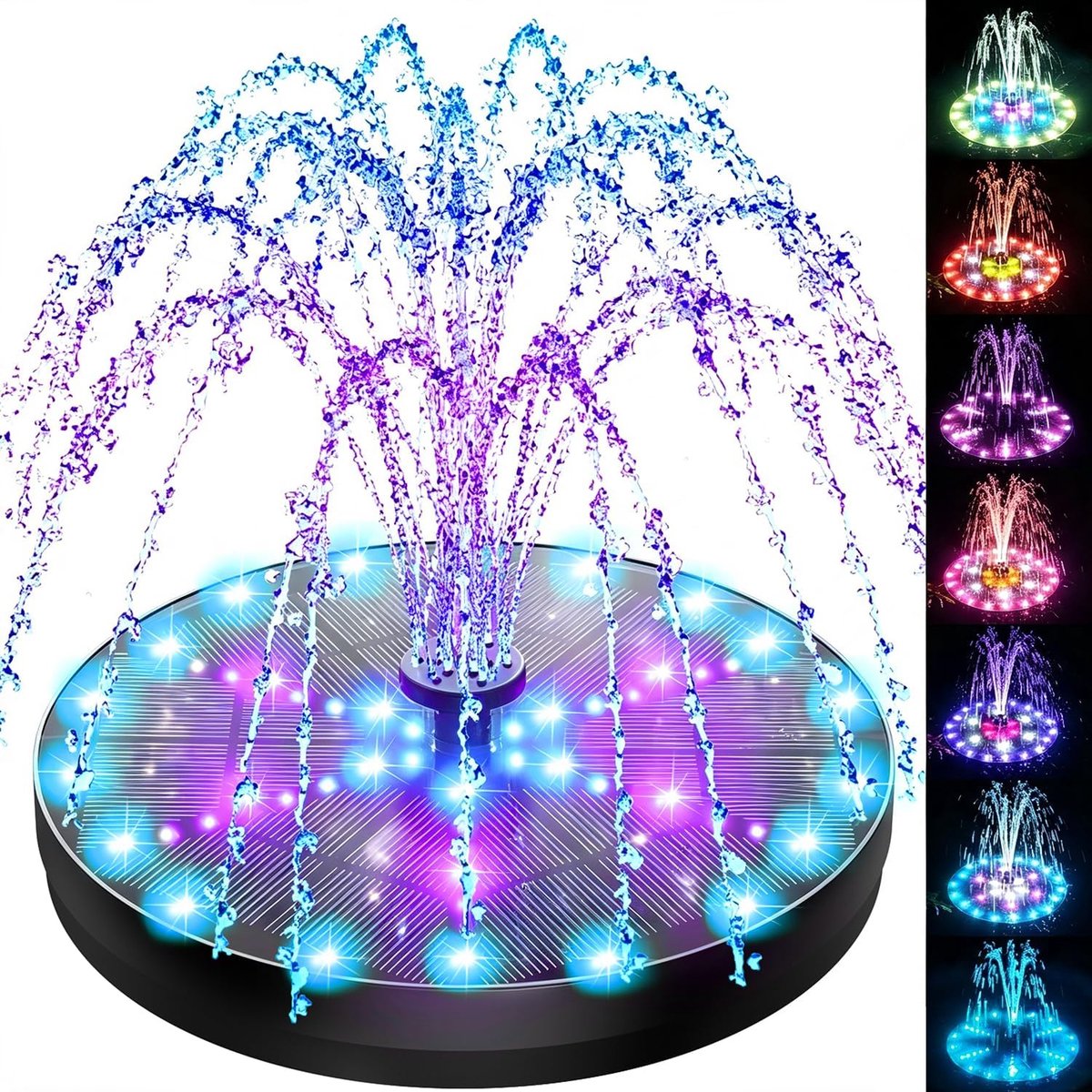 Zonnefontein 4W Vogelbad Fonteinen Verbeterde 60LED Verlichting, Fonteinpomp op zonne-energie, ingebouwde 4000 batterij met 8 sproeiers en 4 bevestigingen, waterfontein op zonne-energie voor tuin