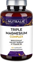 Nutralie Triple Magnesium Complex, 120 plantaardige capsules met paars, gouden en zwarte labels.