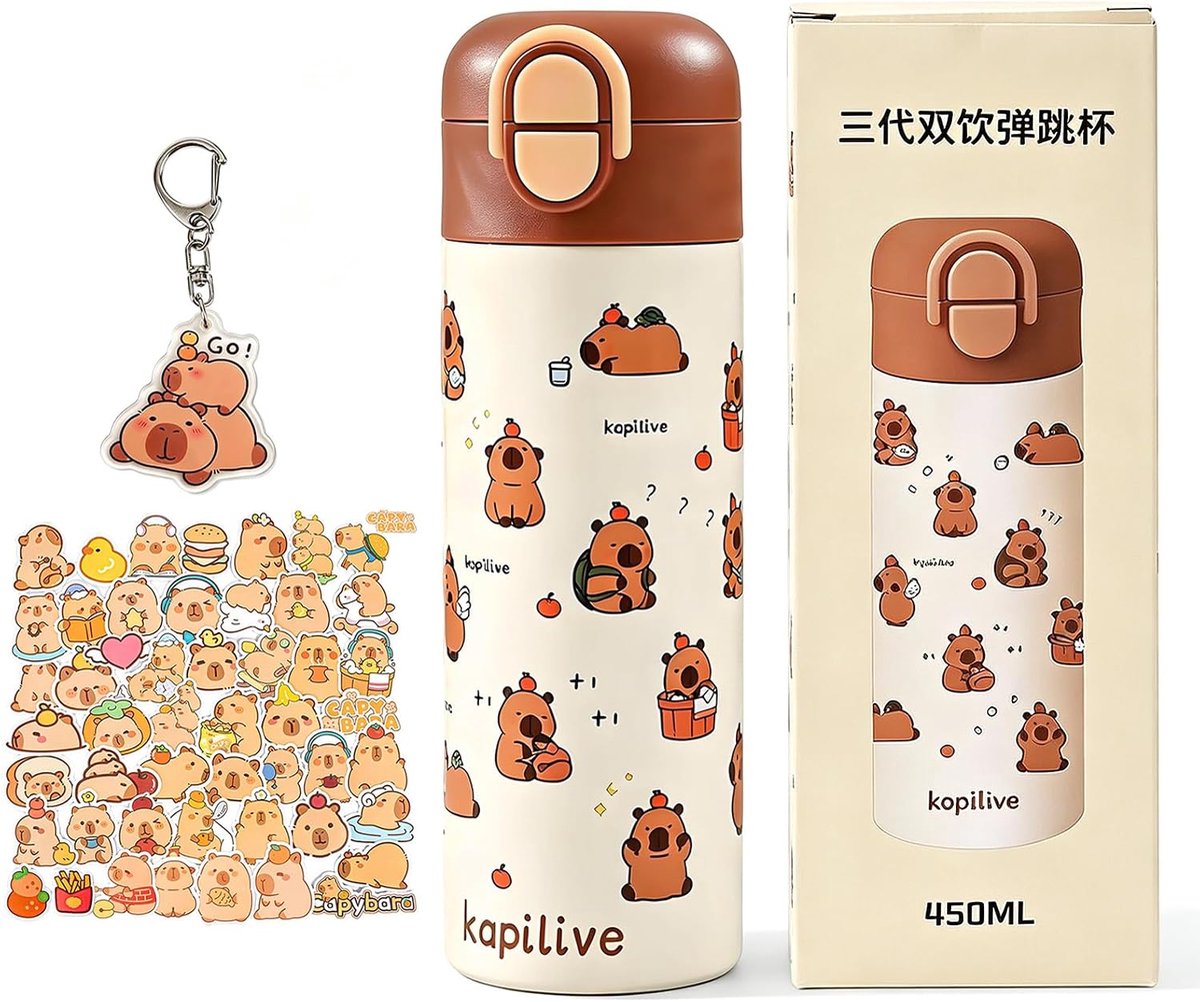 SnelShoppen - 450ml RVS Thermosfles met Rietje, Roestvrijstalen Drinkfles voor Warme en Koude Dranken, Capybara Thermosbeker voor Kinderen en Volwasse