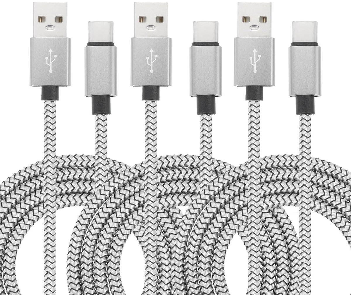 SnelShoppen - 3.3 m USB Oplaadkabel Type C naar USB A - Gevlochten Oplaadkabel 2.4A voor Tablet, Telefoon, Drone, LED Bureau Lamp, Zilver