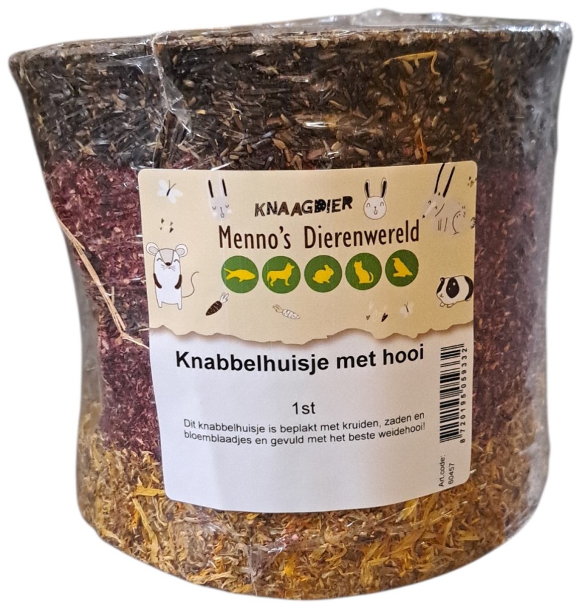 Zoolekker Knabbelhuisje met hooi – natuurlijk knaagdierhuisje met kruiden en bloemen, Ø 15 cm