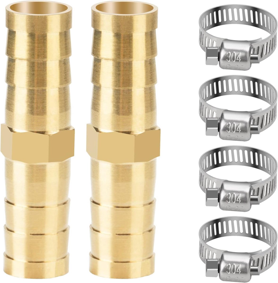 2 stuks I-vormige 2-weg messing slangweerhaak, 10mm 2-weg slangconnector, brandstofverbinder pneumatische connector met 4 slangklemmen, voor slangverbindingen, perslucht olie gas pijp