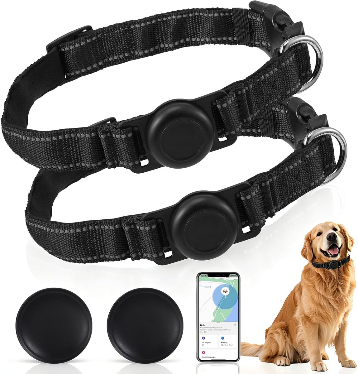 SnelShoppen - SmartTag Kattenhalsband (Set van 2), Mini Tracker Zonder Abonnement voor Katten met Reflecterende GPS Halsbanden, Zwart