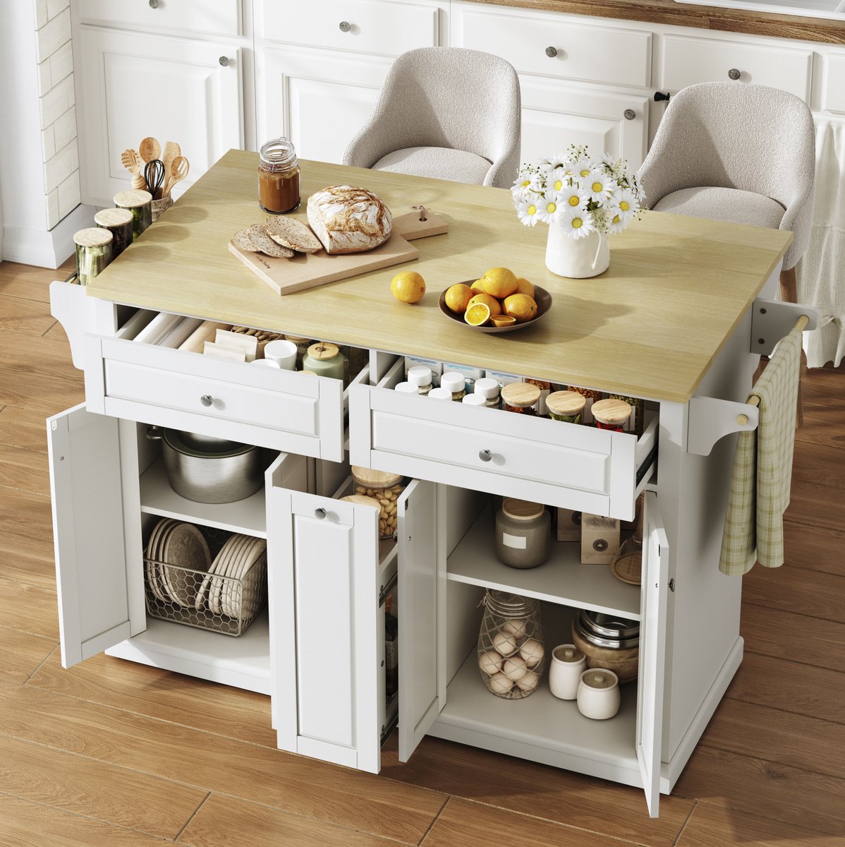MIVRAY Keukenkast - Mobiele Keukenisland Met Klapbaar Werkblad En 2 Lades - Opbergkast Met Wieltjes Voor Keuken - MDF - Naturaal Wit - 121x69x89 Cm