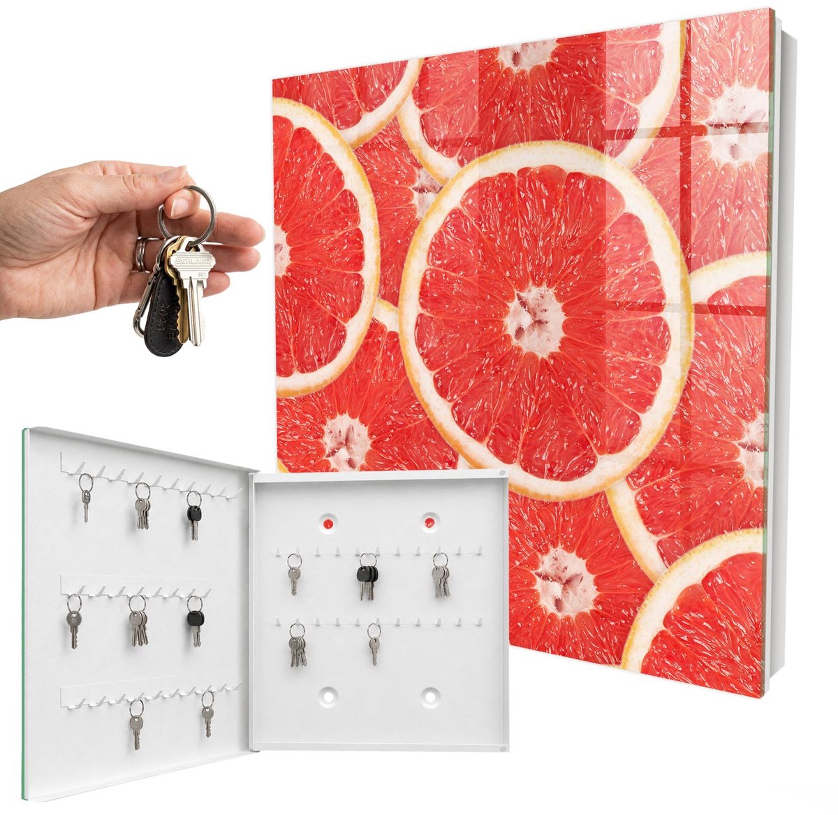 WallMuralia - Sleutelkast - 30x30x5 cm - met 50 haken - Grapefruitschijfjes Design Sleutelkastje - Rood Sleutelbox - Linksopenend - Wit interieur