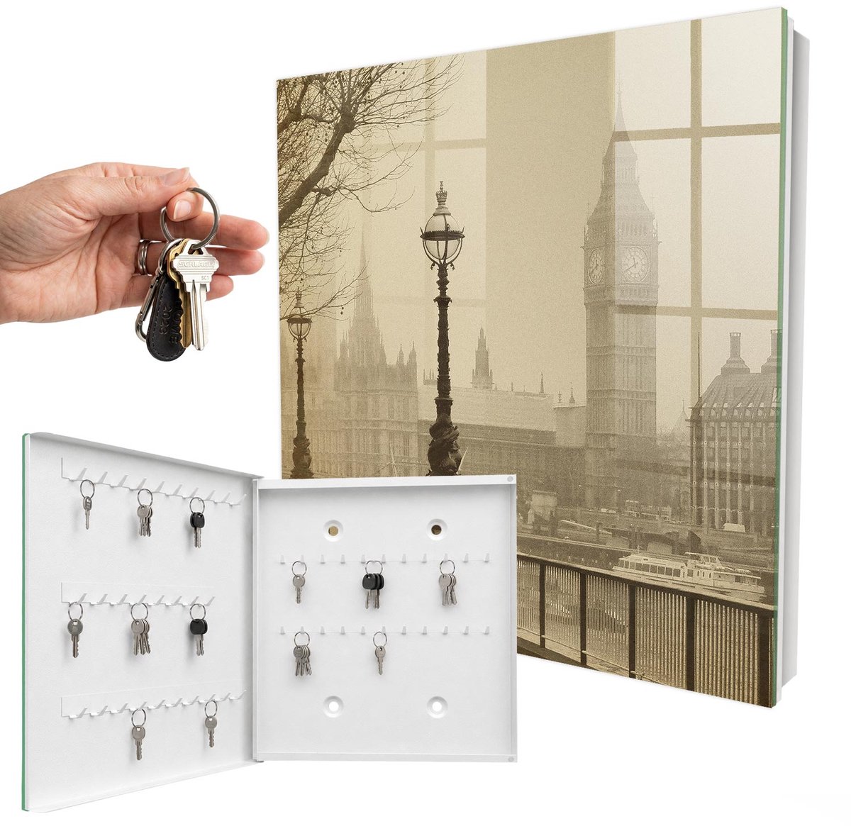 WallMuralia - Sleutelkast - 30x30x5 cm - met 50 haken - Mistig Londen Groot Sleutelkastje - Beige Sleutelbox - Linksopenend - Wit interieur