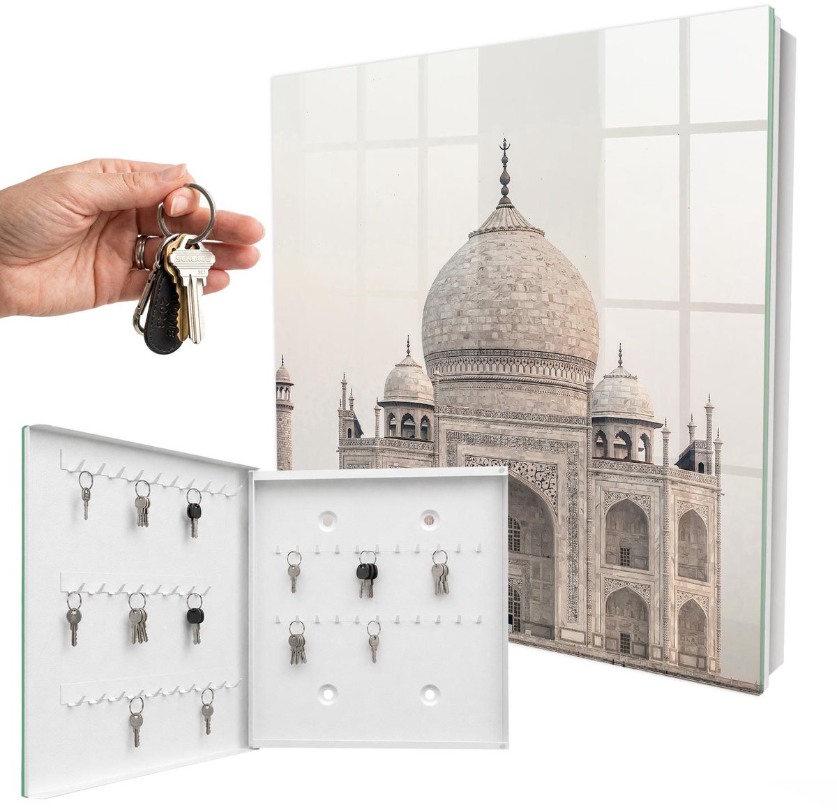 WallMuralia - Sleutelkast - 30x30x5 cm - met 50 haken - Een Majestueus Gebouw Sleutelkastje Landelijk - Beige Sleutelbox - Linksopenend - Wit interieur
