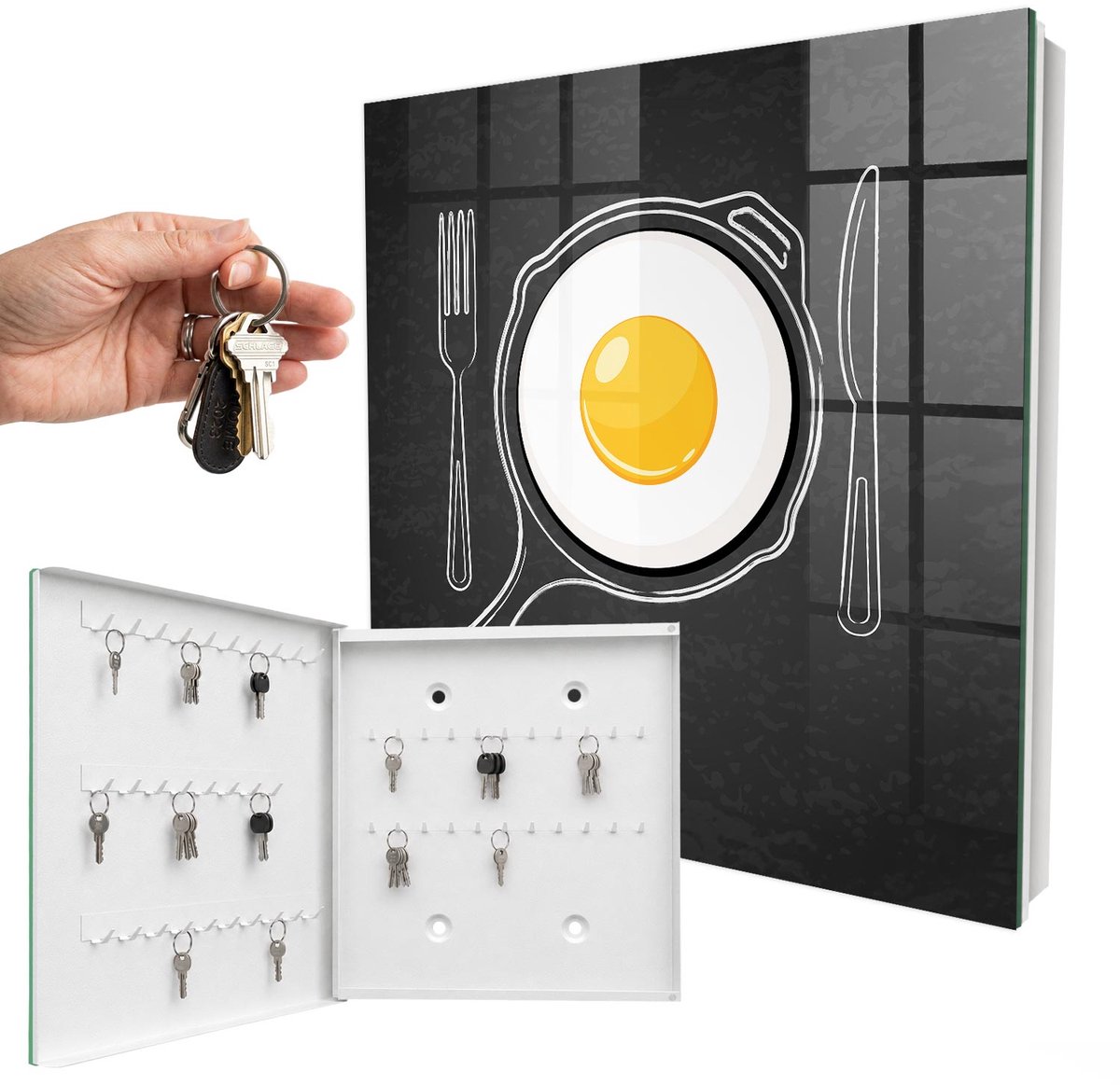 WallMuralia - Sleutelkast - 30x30x5 cm - met 50 haken - Gebakken Ei Sleutelkastje Landelijk - Zwart Sleutelbox - Linksopenend - Wit interieur