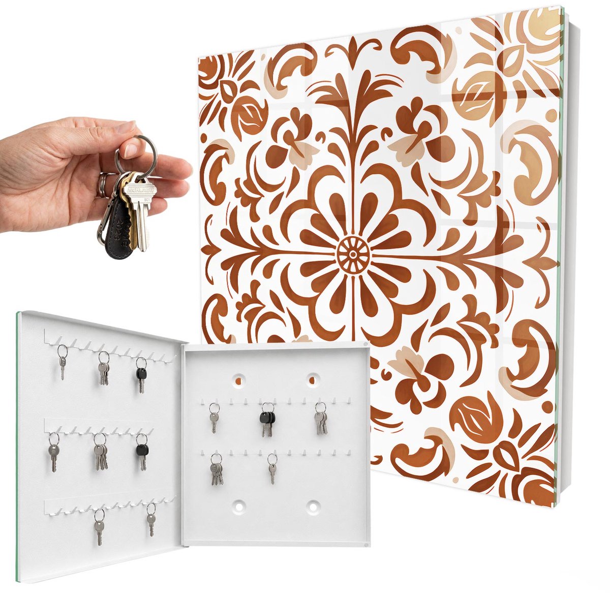WallMuralia - Sleutelkast - 30x30x5 cm - met 50 haken - Decoratief Patroon Sleutelkastje Design - Bruin Sleutelbox - Linksopenend - Wit interieur