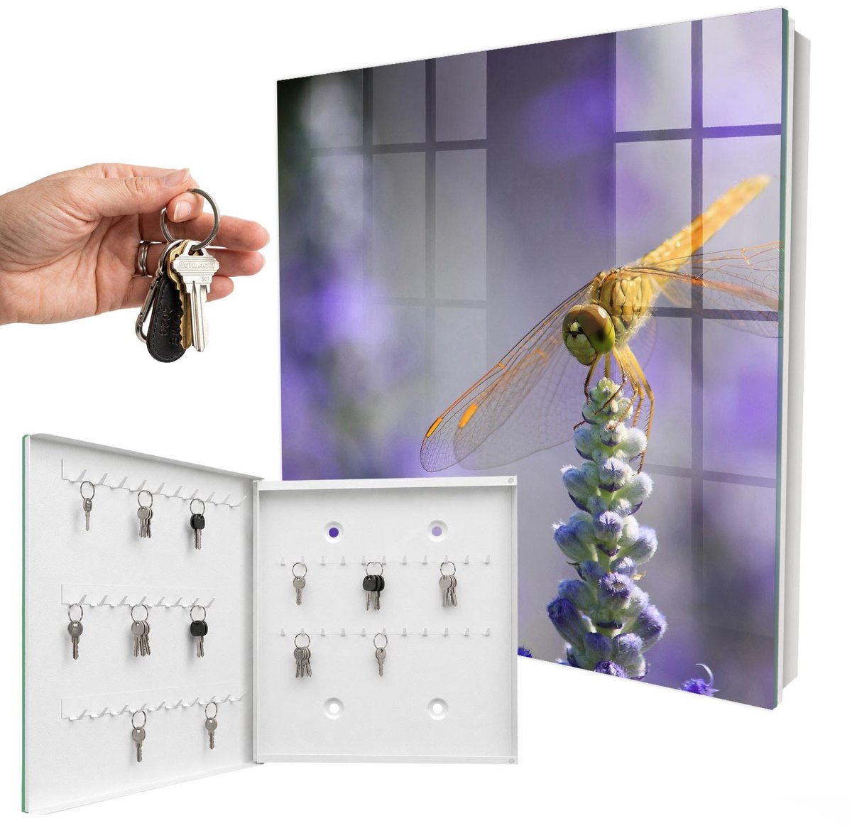 WallMuralia - Sleutelkast - 30x30x5 cm - met 50 haken - Libel Op Een Bloem Groot Sleutelkastje - Paars Sleutelbox - Linksopenend - Wit interieur