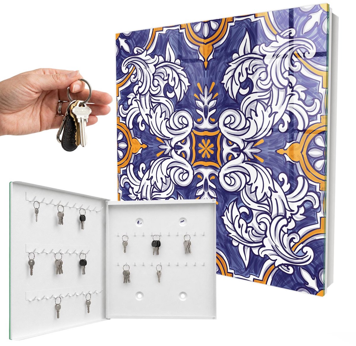WallMuralia - Sleutelkast - 30x30x5 cm - met 50 haken - Plantenornament Sleutelkastje Modern - Blauw Sleutelbox - Linksopenend - Wit interieur