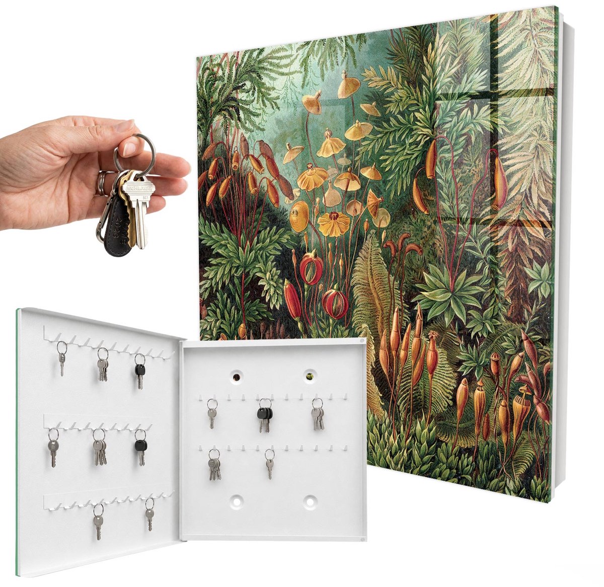 WallMuralia - Sleutelkast - 30x30x5 cm - met 50 haken - Groene Bladeren Sleutelkastje - Groente Sleutelbox - Linksopenend - Wit interieur