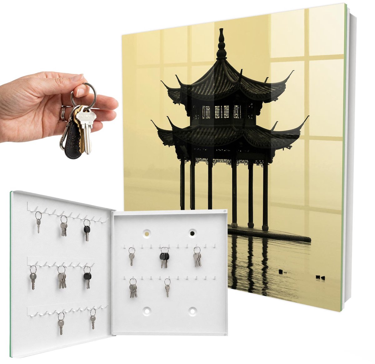WallMuralia - Sleutelkast - 30x30x5 cm - met 50 haken - Paviljoen In Het Water Sleutelkastje - Geel Sleutelbox - Linksopenend - Wit interieur